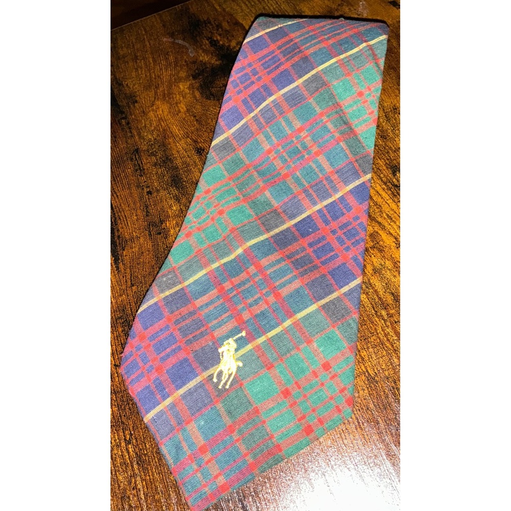 Polo Ralph Lauren Plaid Cotton Tie Green Red Blue Yellow Pony Logo Hand Finished